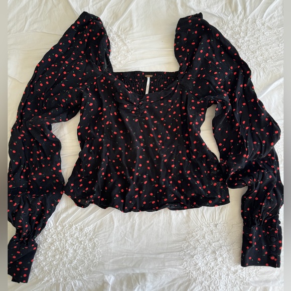 Free People Long Sleeve Square Neck Cherry Print Blouse - Picture 1 of 4